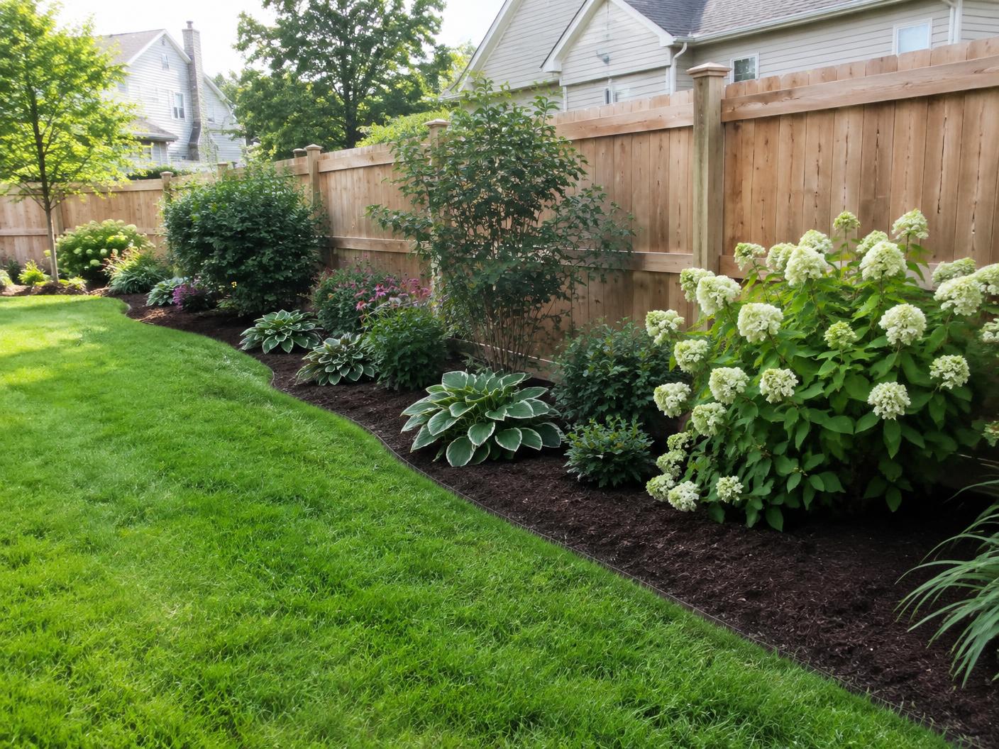 The same fence line bed after clearing, new plantings and fresh mulch