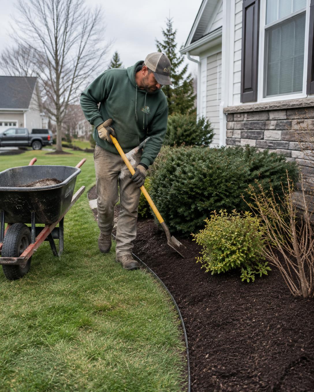Ramble On Rose Landscaping crew edging and mulching a garden bed in Bergen County