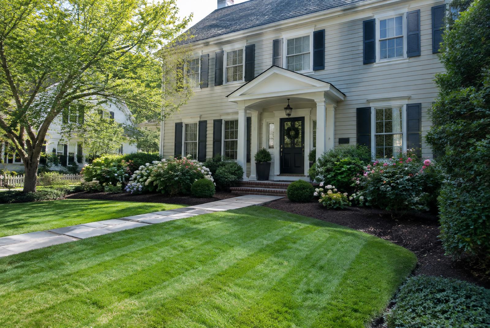 Freshly mulched beds and striped lawn in front of a colonial home in New Milford, NJ