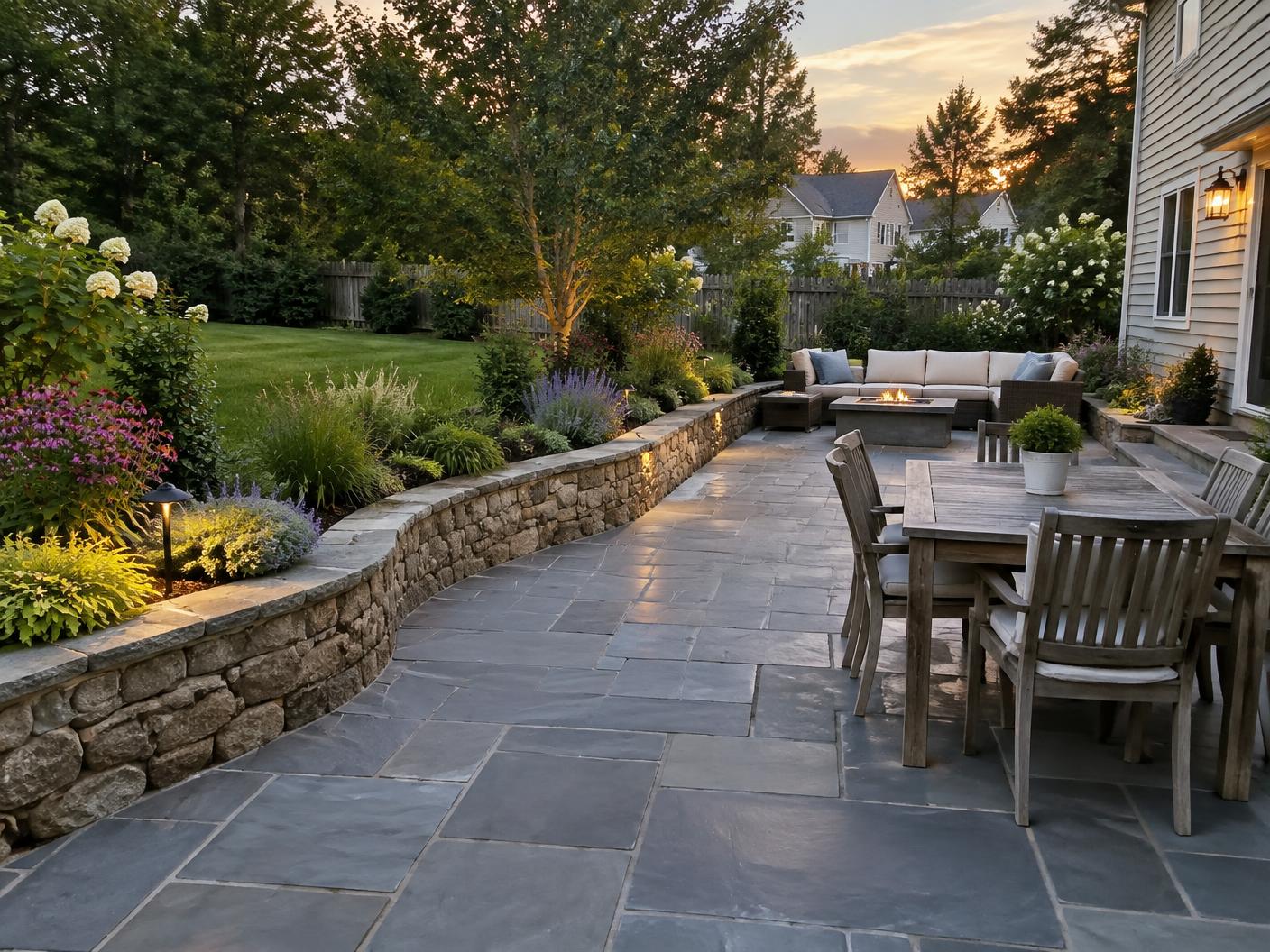 Bluestone patio and fieldstone wall with perennial plantings in a Bergen County back yard