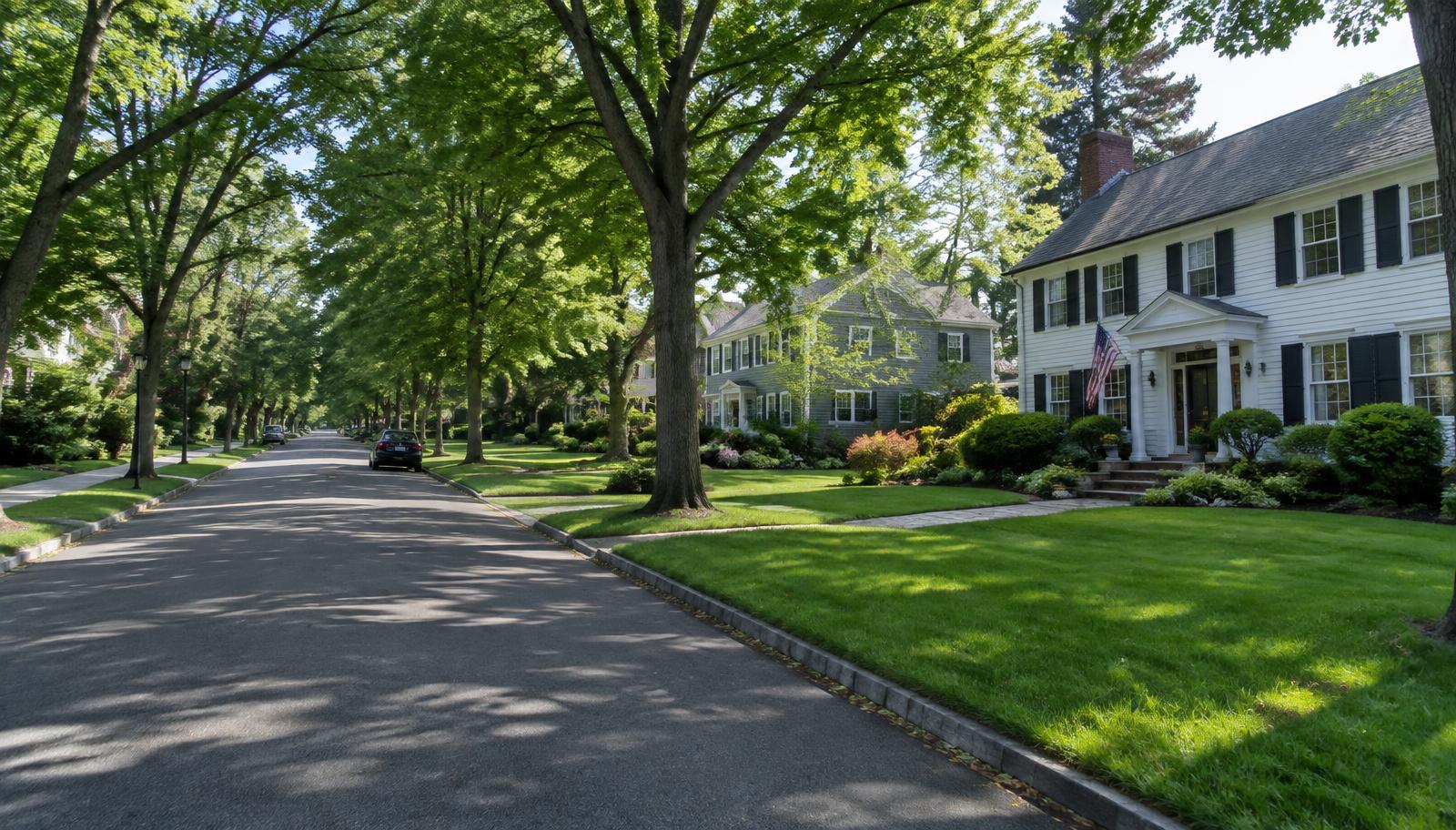 Tree lined street with kept lawns in Bergen County, NJ